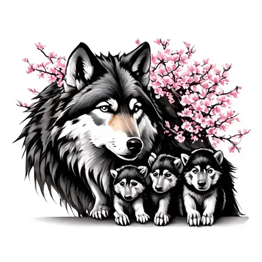 japanese wolf under blossom tree with 2 cubs tattoo design idea