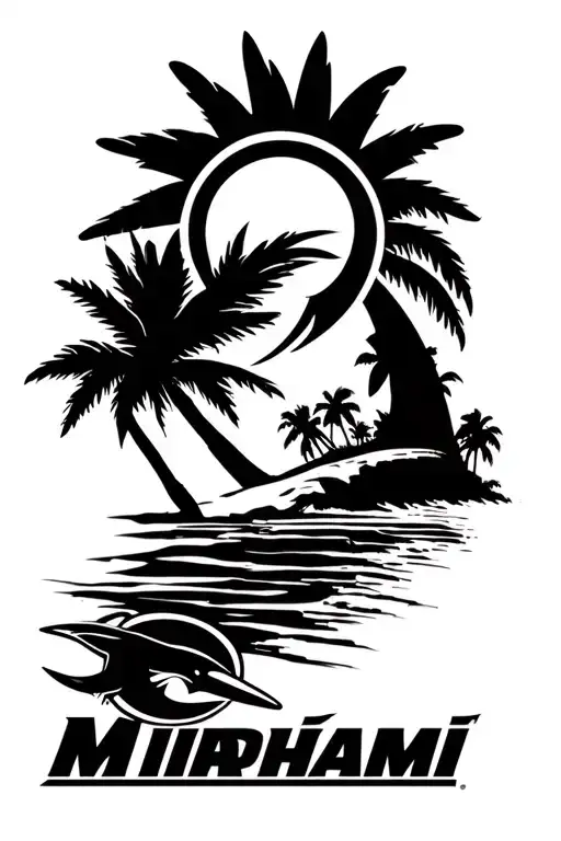 state of Florida with a sun and palm trees with a beach mixed with Miami heat, Miami dolphins and Miami hurricane logo tattoo design idea