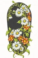 a single Long narrow vine with green leaves and 5 daisy flowers tattoo design idea