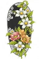 a single Long narrow vine with green leaves and 5 daisy flowers tattoo design idea