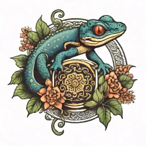 salamander in front of mandala and wine cup tattoo design idea