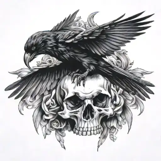 Raven with wings spread on a skull tattoo design idea