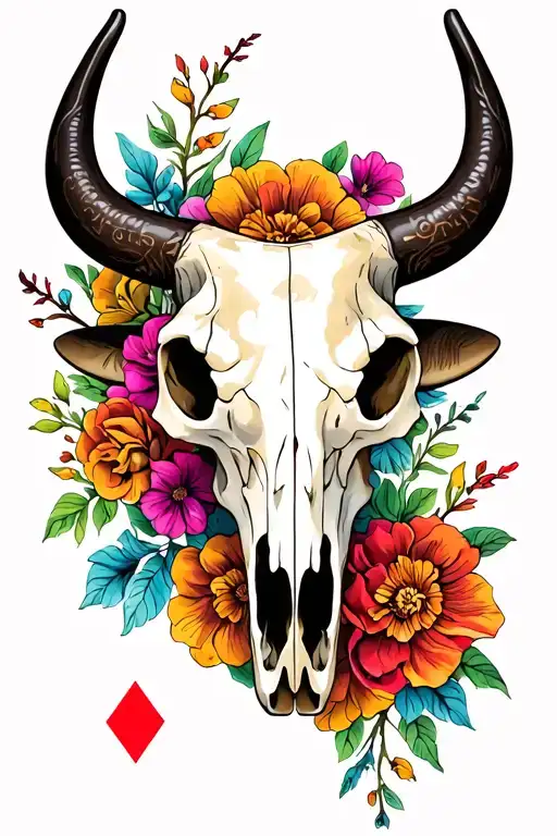 bull skull aces Oklahoma cowboy floral tattoo design idea