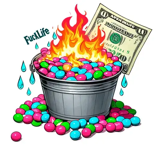 "FuckLife" pink green and blue tiny round pills. tear drops falling into a bucket. blue 100 dollar bill on fire over the pills. tattoo design idea