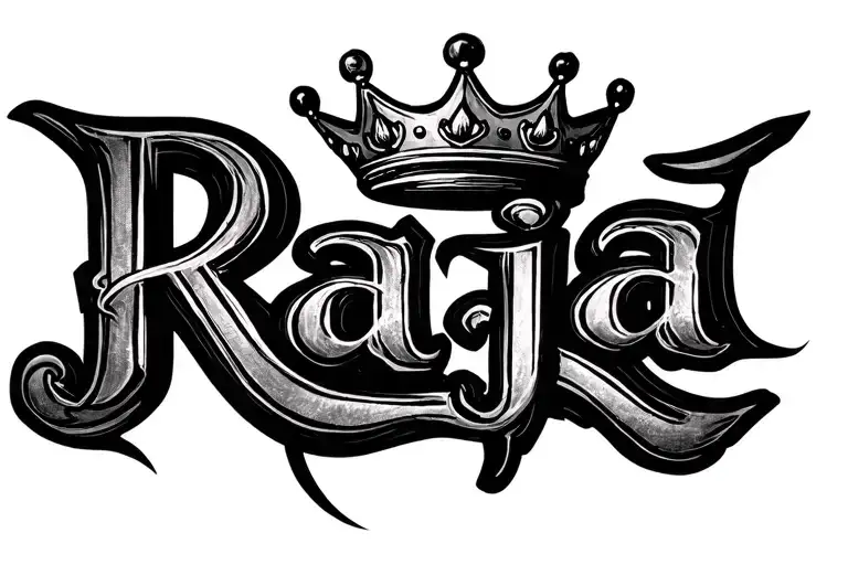 the word "Raja" with a crown in between the R and the J. just the word. one crown tattoo design idea
