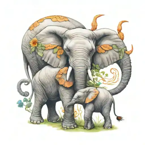 mom elephant and  2 elephant calfs loving each other tattoo design idea