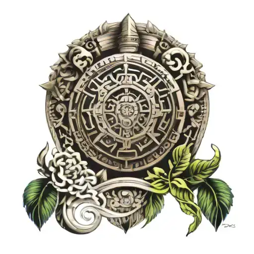 Aztec calendar style shoulder sleeve tattoo with Christian church symbols tattoo design idea
