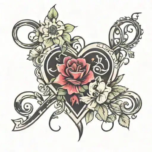 heart outline with flower, infinity sign, xoxo, and Roman numeral 9   tattoo design idea