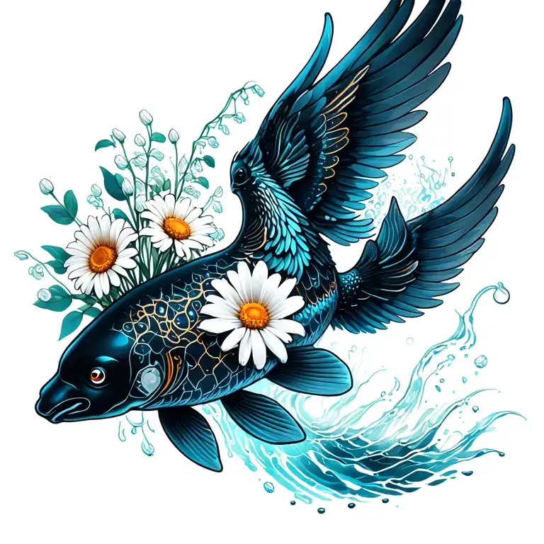 jumping Out of water black koi with phoenix wings, bouquet with an aster, a daisy, a lily of the valley, wave tattoo design idea