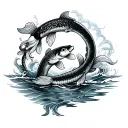 Traditional japanese leg sleeve tattoo. Koi fish swimming upstream in water, octopus in the middle towards the knee area tattoo design idea