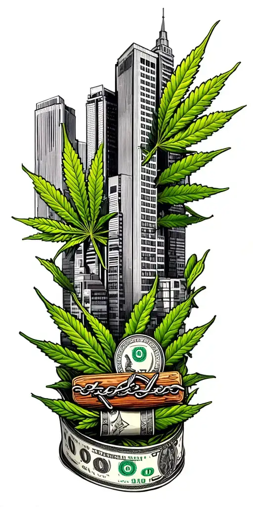 Skyline buildings, money, marijuana leaves, raw rolling papers, backwood leaf wraps, chains, gang style tattoo design idea