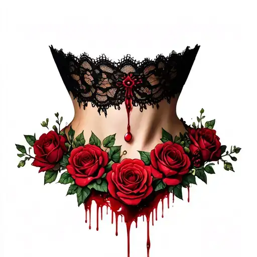 woman's lace choker dripping blood and adorned with roses and flowers  tattoo design idea