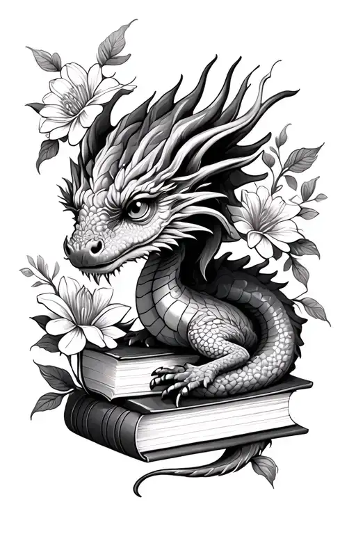 mandala, books, flowers, baby dragon coiled tattoo design idea