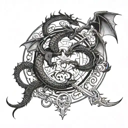 tattoo two dragon silhouettes, flying in a circle and shadows billowing a sword between them with a snowflake on it tattoo design idea