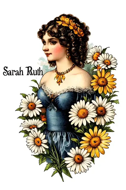 the name sarah ruth surrounded by daisies tattoo design idea
