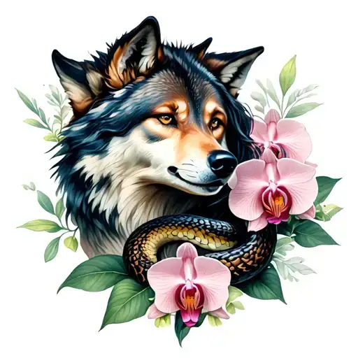 neo traditional wolf and snake for a woman surrounded by orchid flowers tattoo design idea
