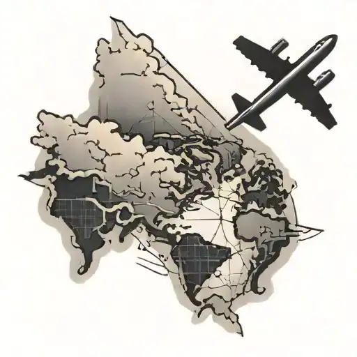 world map with airplane flying tattoo design idea