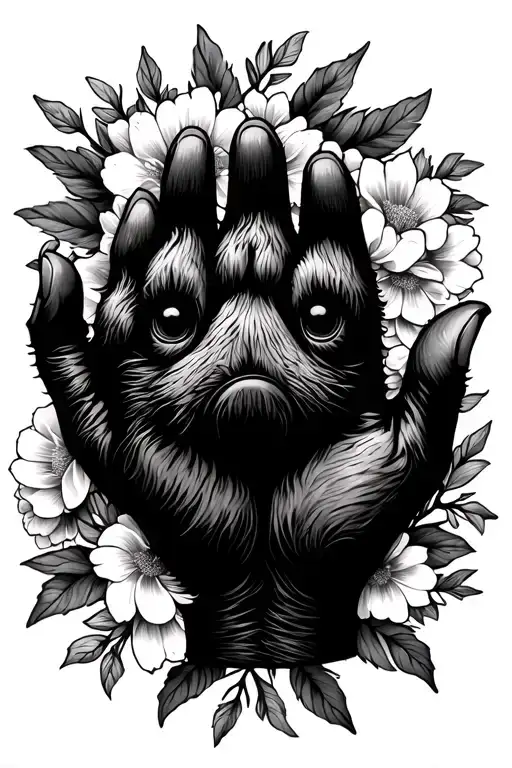 paw in hand surrounded by floral wreath encircling tattoo design idea