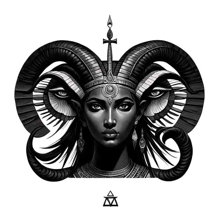 BLACK CAPRICORN GODDESS WITH EGYPTIAN ELEMENTS AND AN ANKH AND THIRD EYE tattoo design idea