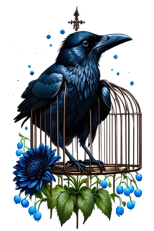 Raven in a broken and eroding cage with black dahlias on the bottom and blue lily of the valley on the lower sides tattoo design idea