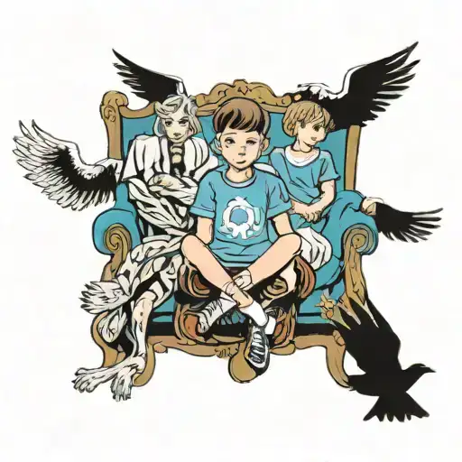 a boy sitting in a chair with 2 angels behind him, one to his left and one to his right, the one on the left has blue mi tattoo design idea