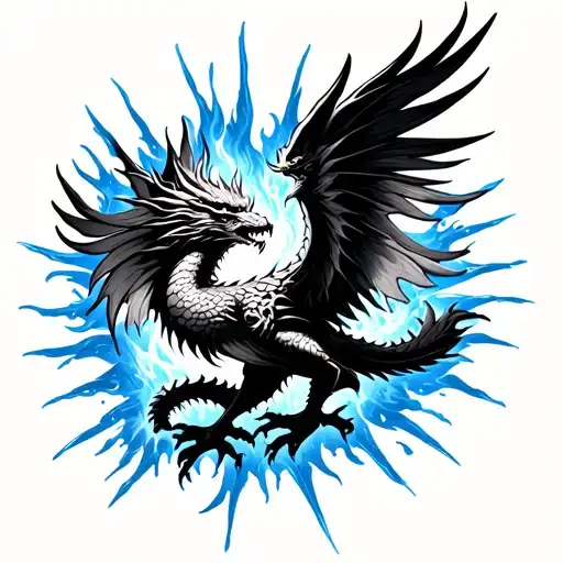 Phoenix in fire with a dragon around and blue rays tattoo design idea
