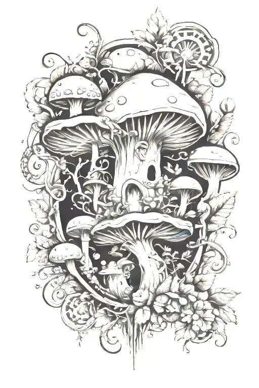 mushroom ring and forest creatures around knee cap tattoo design idea