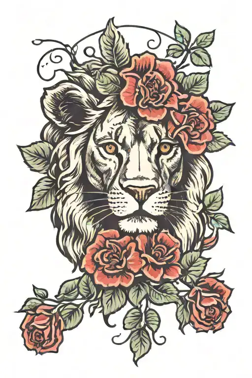 lion with GERANIUMS and ruby eyes tattoo design idea