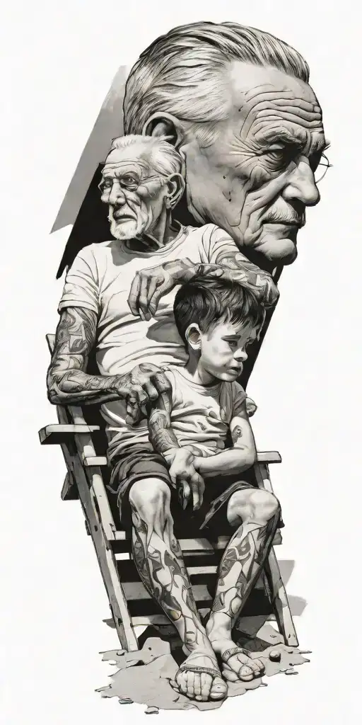 a boy and grandpa sitting on the beach in beach chairs  tattoo design idea