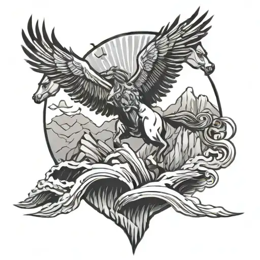 mountain, sea, Phoenix, horses, tattoo design idea