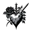 traditional sacred heart with dagger piercing and black rose tattoo design idea