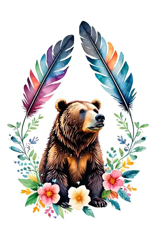 grizzly bear with feathers and flowers intertwined tattoo design idea
