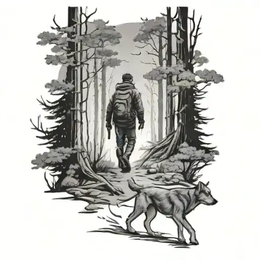man walking out of the woods with dog tattoo design idea