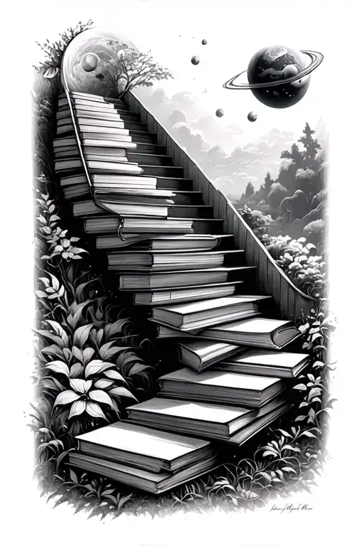 nature landscape with a staircase made out of books leading to outer space. tattoo design idea