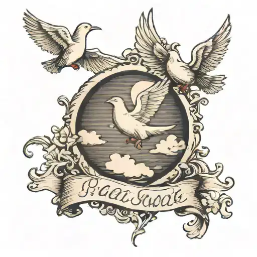 name written inside of a cloud with doves flying tattoo design idea