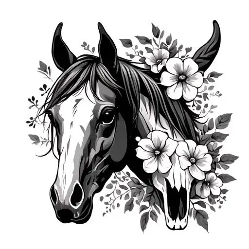 steer skull and horse with flowers tattoo design idea