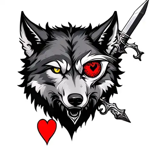 wolf head with a heart as one eye and a dagger going through heart tattoo design idea