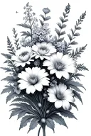 bouquet of asters, delphinium, water lilies and morning glory flowers, Leo and Virgo constellations tattoo design idea