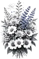 bouquet of asters, delphinium, water lilies and morning glory flowers, Leo and Virgo constellations tattoo design idea