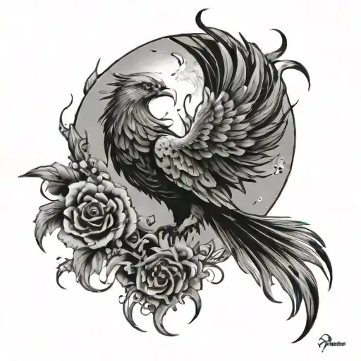 phoenix rising with moon and stars and semicolon  tattoo design idea