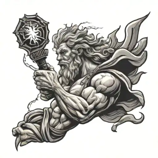 Zeus holding a lightning bolt striking tattoo design idea