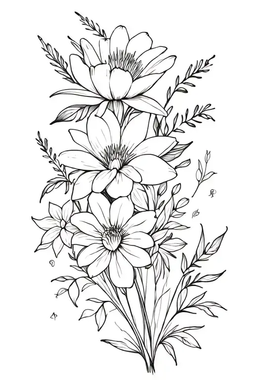 larkspur, waterlily, morning glory, marigold, cosmos, bouquet with tribal behind it tattoo design idea