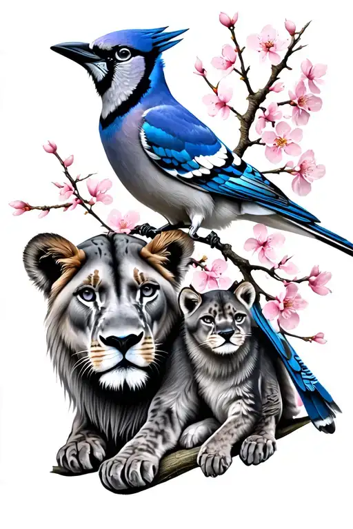 blue jay bird, cherry blossom tree, with a lioness and her kids  tattoo design idea