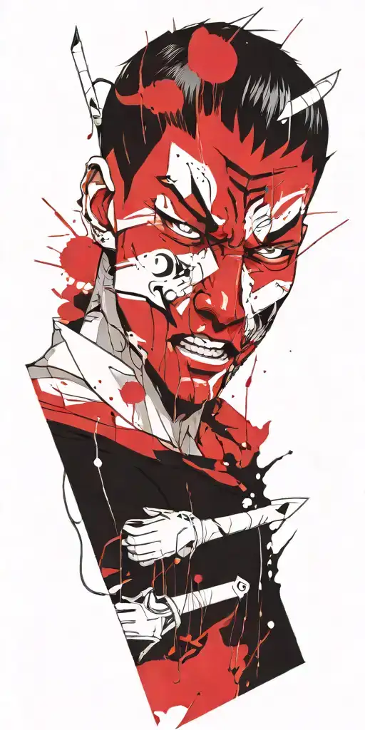 male anime character wearing oni mask holding swords fighting off inner demons  tattoo design idea