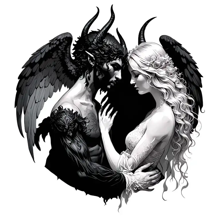 forbidden love devil and angel tattoo design idea