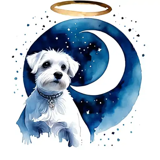 maltese dog with halo and half moon tattoo design idea