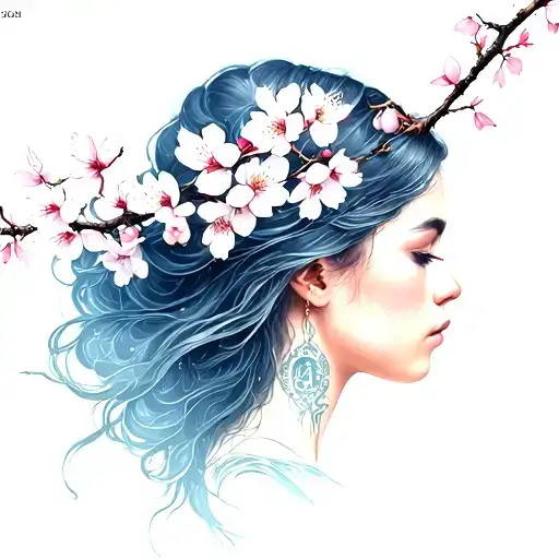 zodiac virgo girl with cherry blossom branch tattoo design idea