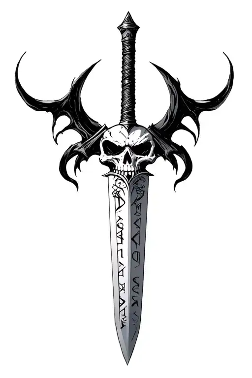 Sharp long dagger with runes shaded skull head, sejmitar, darkest dungeon, beast, tattoo design idea