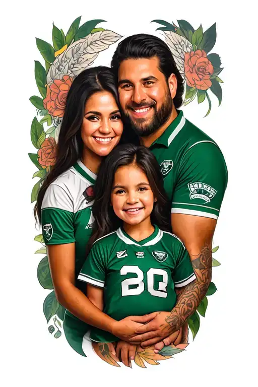 A tattoo design depicting a loving family portrait with a subtle nod to the Canberra Raiders tattoo design idea