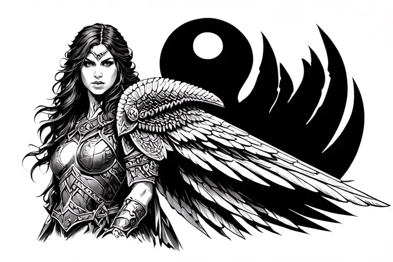 empty battle field with a valkyrie warrior woman tattoo design idea